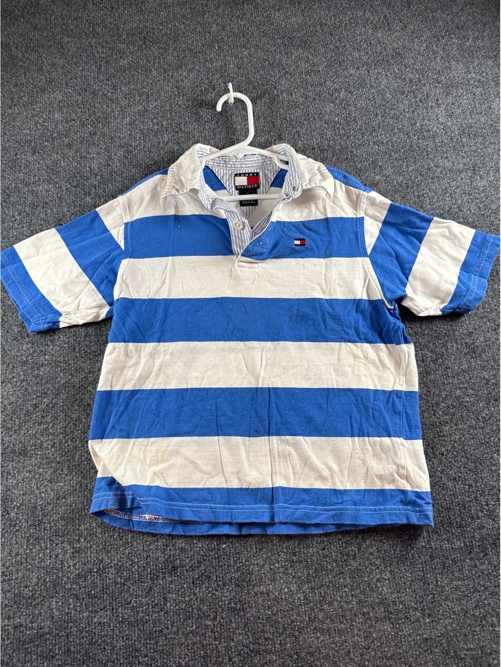 Tommy Hilfiger Boys 7 Rugby Polo Shirt Blue White Stripe Short Sleeve Flag Logo
